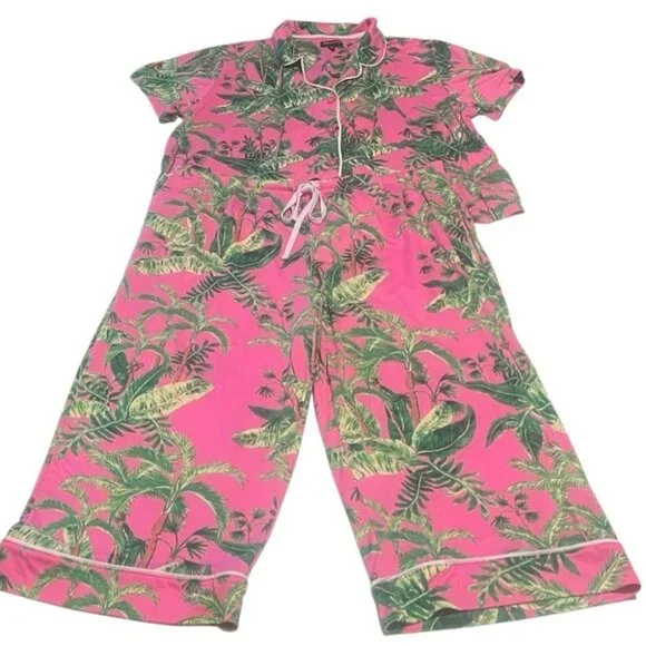 Room Service Pink & Green Palm Tree Print Pajama Set Size XXL - Picture 4 of 12
